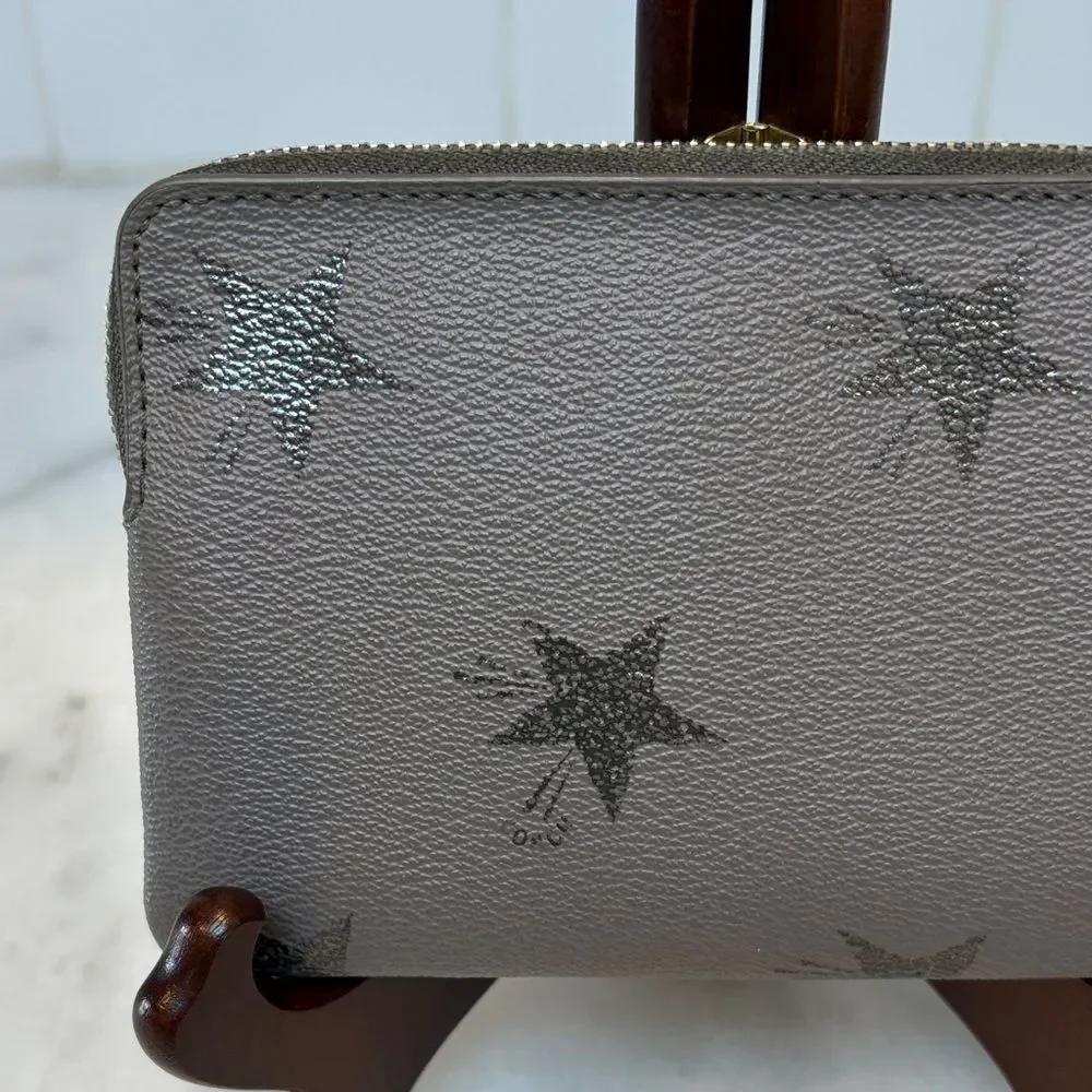 Coach Saffiano Leather Metallic Silver Star-Pattern Wristlet